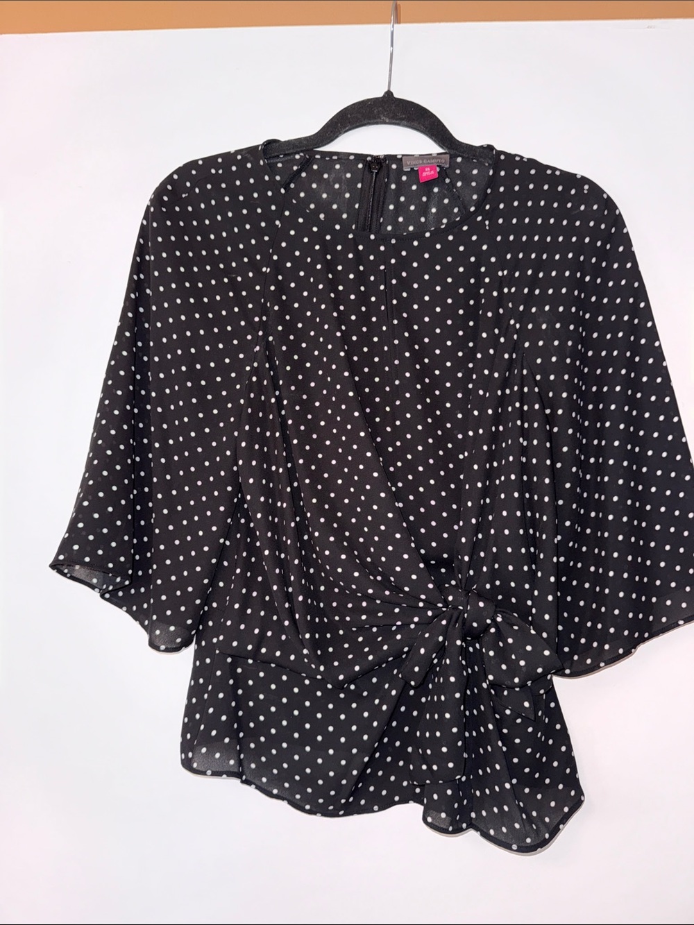 Vince Camuto Black Polka Dot Tie-Front Blouse